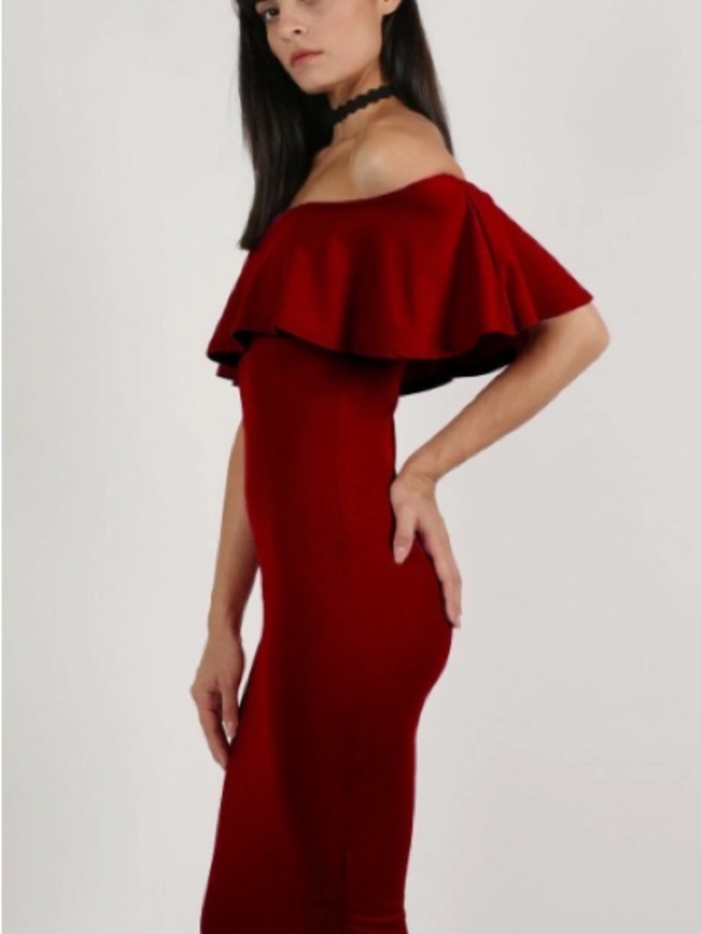 Off-Shoulder Ruffle Bodycon Dress in Deep Red